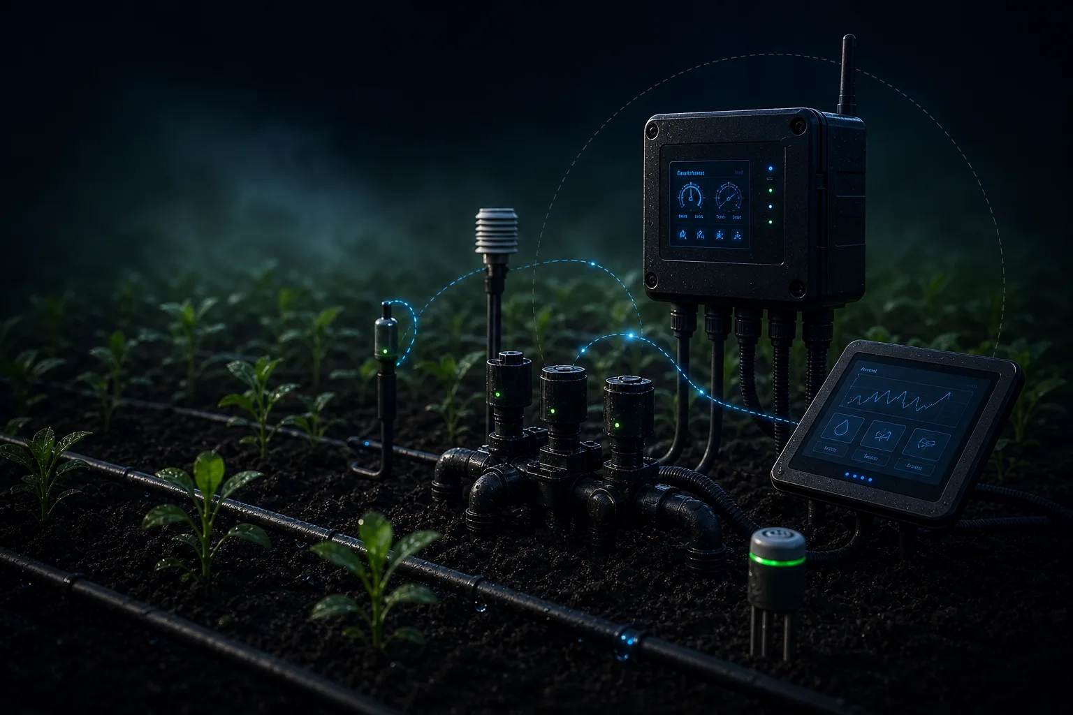 Sistema de automatización agrícola con controlador, sensores y válvulas en campo