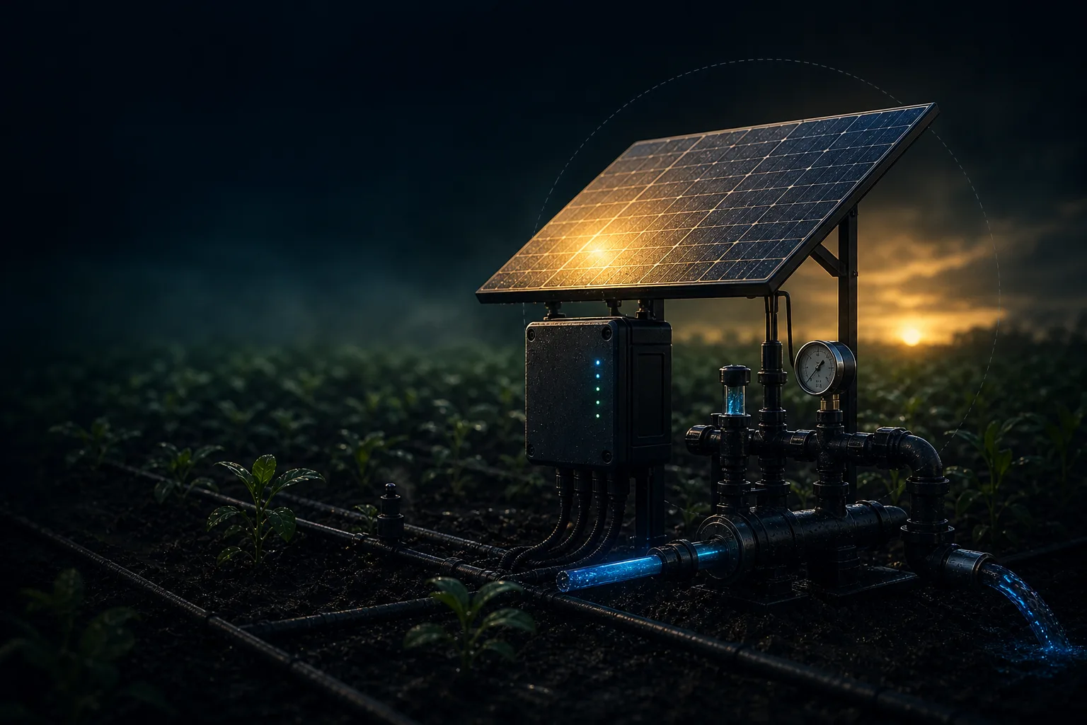 Sistema de bombeo solar con panel fotovoltaico, control hidráulico y tuberías en campo
