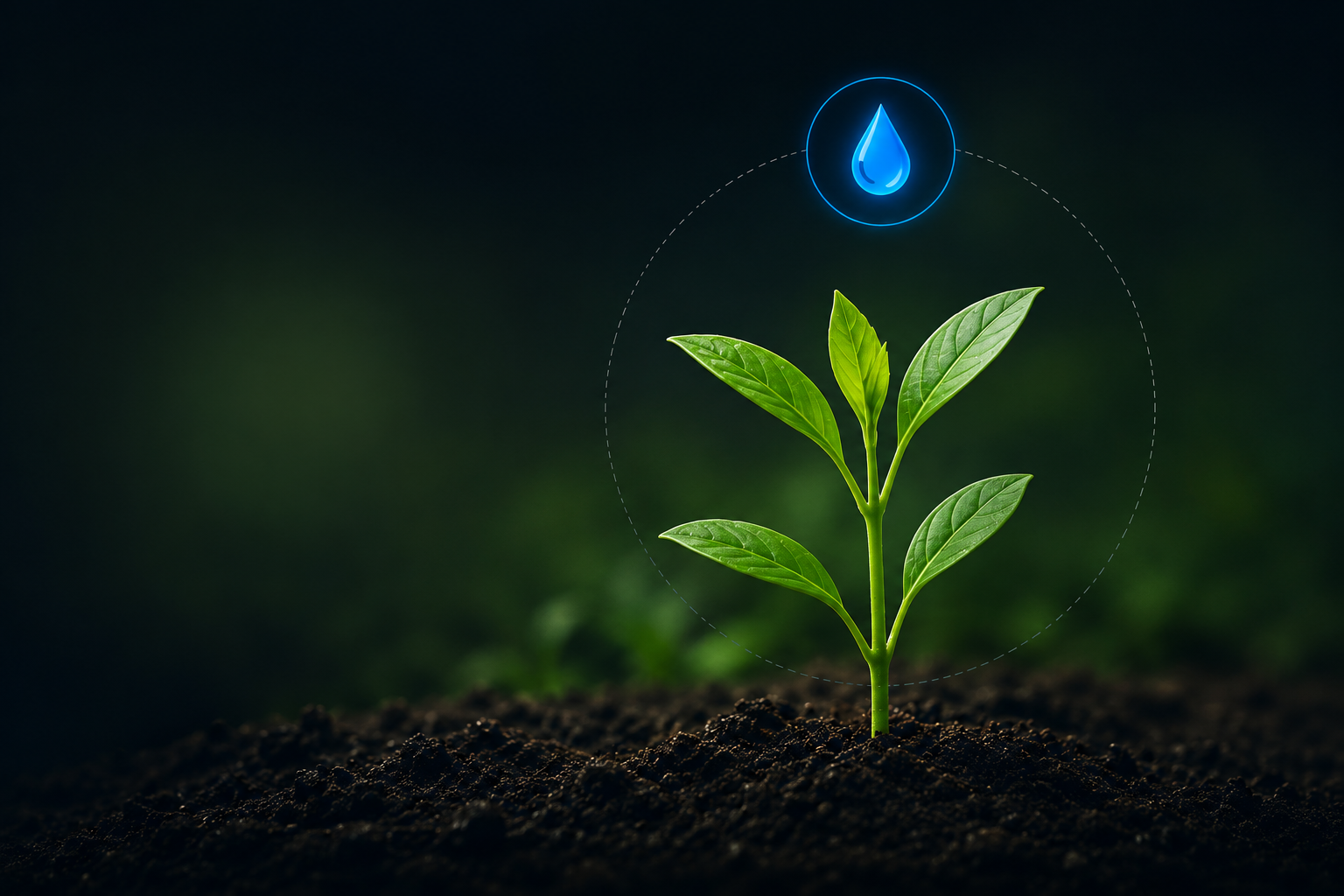 Planta joven con gota de agua, símbolo de riego eficiente